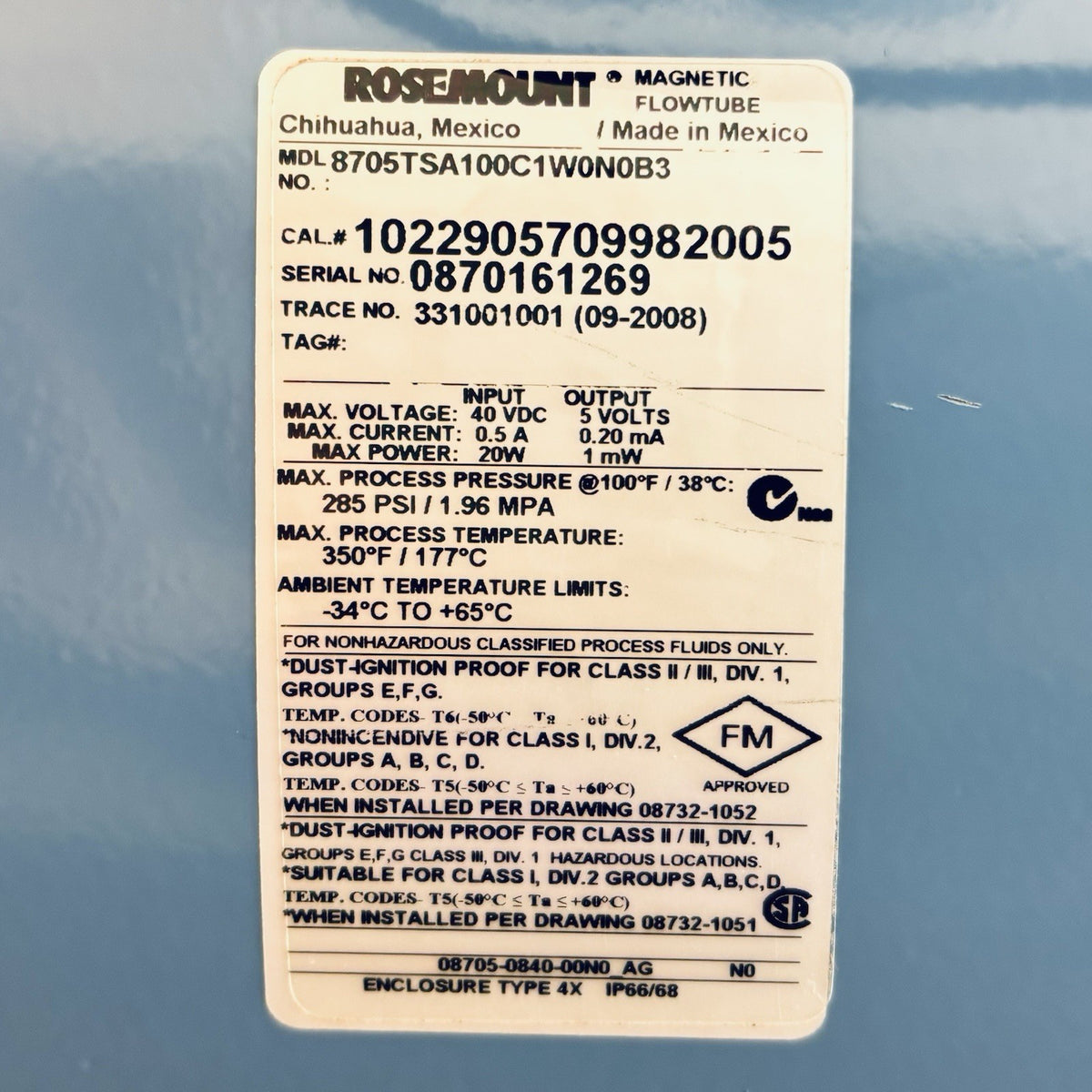 Rosemount 8705TSA100C1W0N0B3 Magnetic Flowtube equipment nameplate