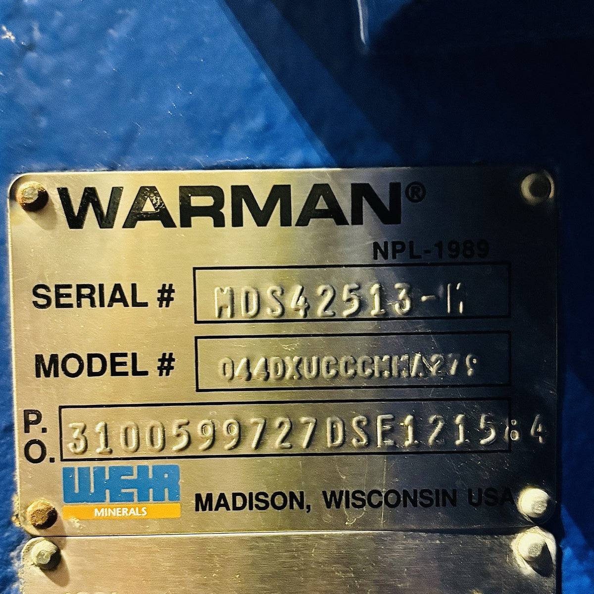 Warman 044DXUCCCMMA279 4x4 nameplate