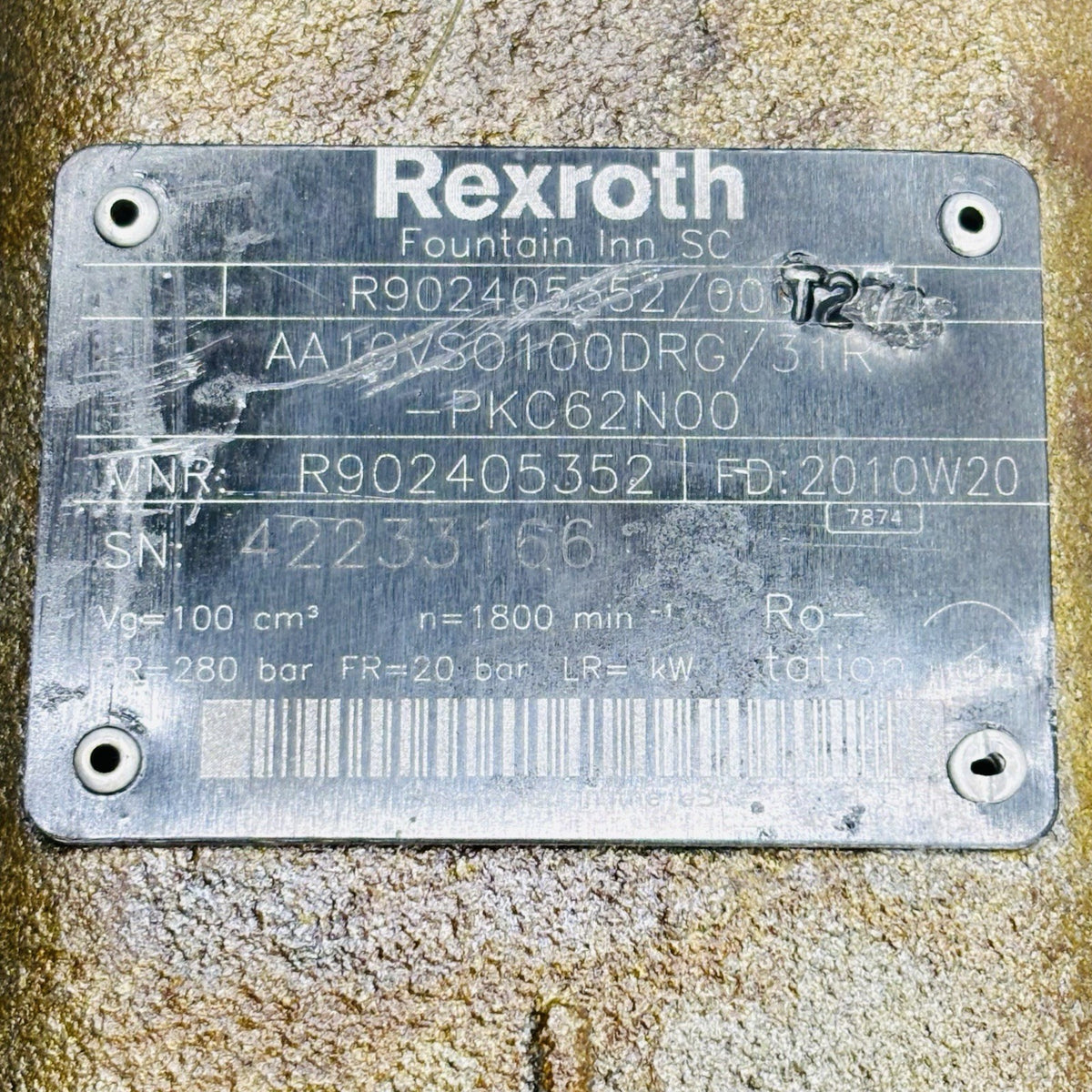 Rexroth AA10VSO100DRG/31R-PKC62N00 Axial Piston Pump equipment nameplate