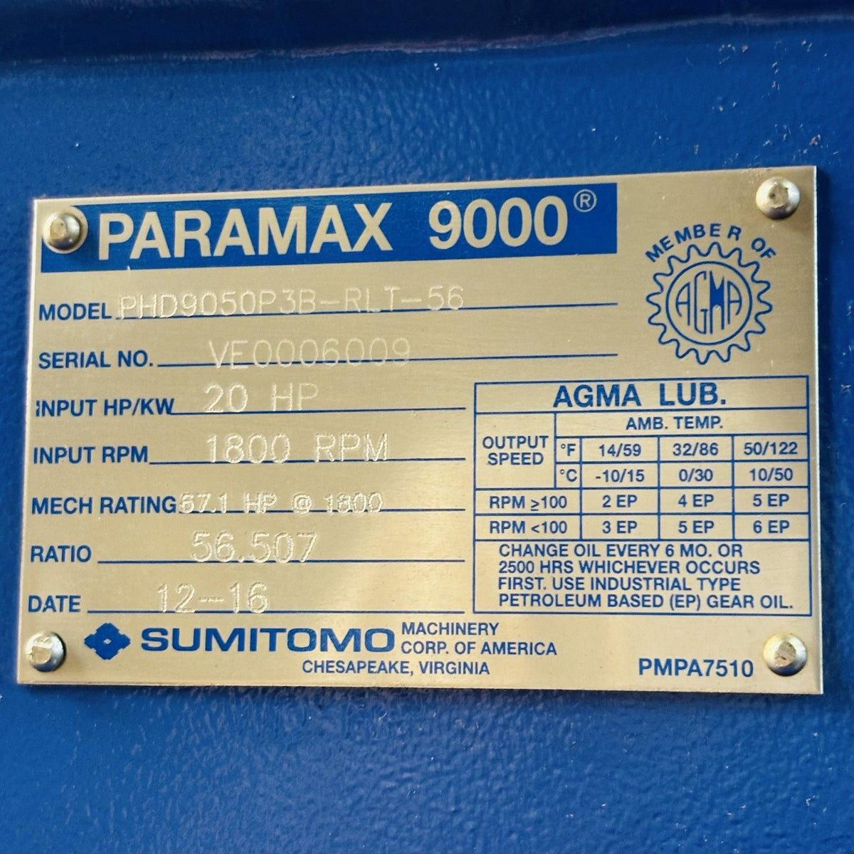 Sumitomo PHD9050P3B-RLT-56 Gear Drive equipment nameplate