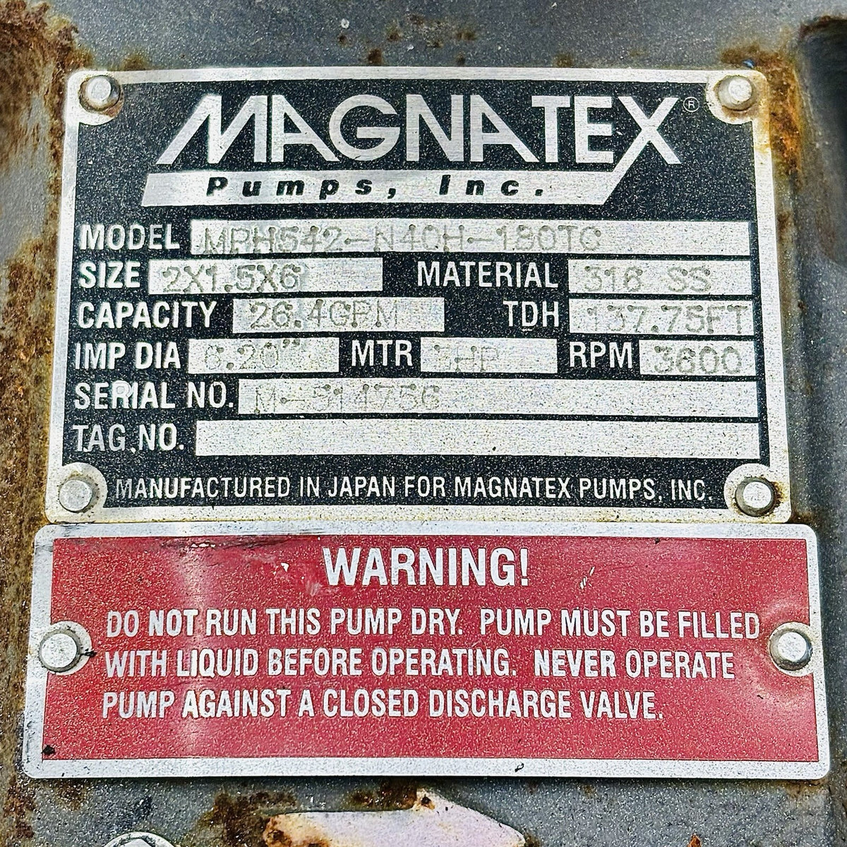 Magnatex MPH542-N40H-180TC Magnetic Drive Pump equipment nameplate