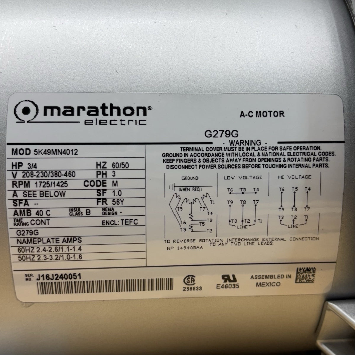 Gast 1023-251Q-G279 Vacuum Pump Compressor equipment nameplate
