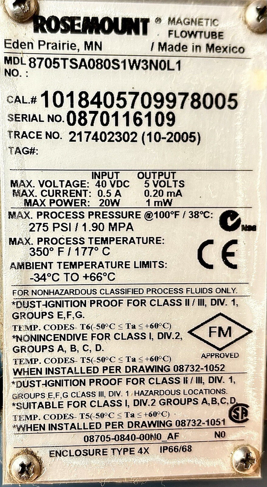 Rosemount 8705TSA080S1W3N0L1 Magnetic Flowtube equipment nameplate