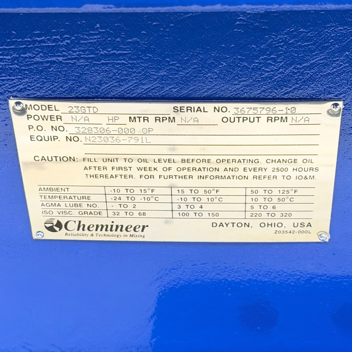 Chemineer 23GTD nameplate