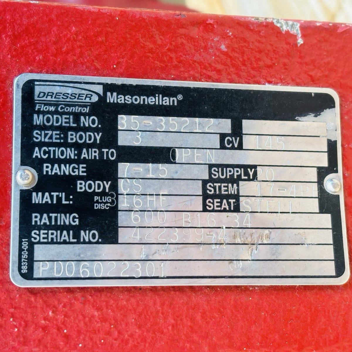 Masoneilan 35-35212 Control Valve equipment nameplate