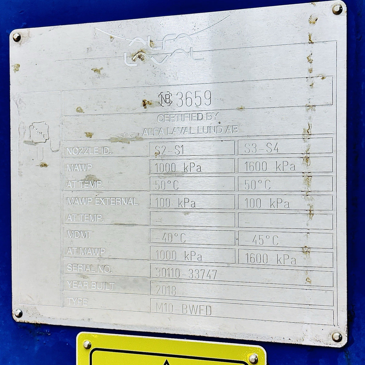 Alfa Laval M10-BWFD nameplate