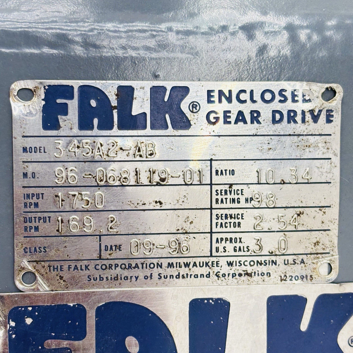 Falk 345A2-AB Gear Drive equipment nameplate
