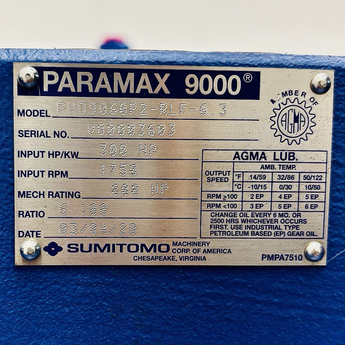 Sumitomo PHD9060P2-RLF-6.3 Gear Drive equipment nameplate