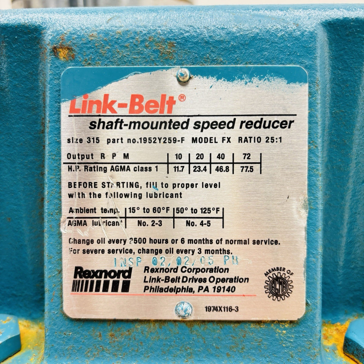 Link-Belt FX 315 Gear Reducer equipment nameplate