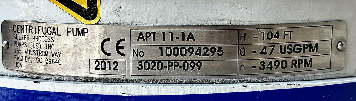 Sulzer APT11-1A Centrifugal Pump equipment nameplate