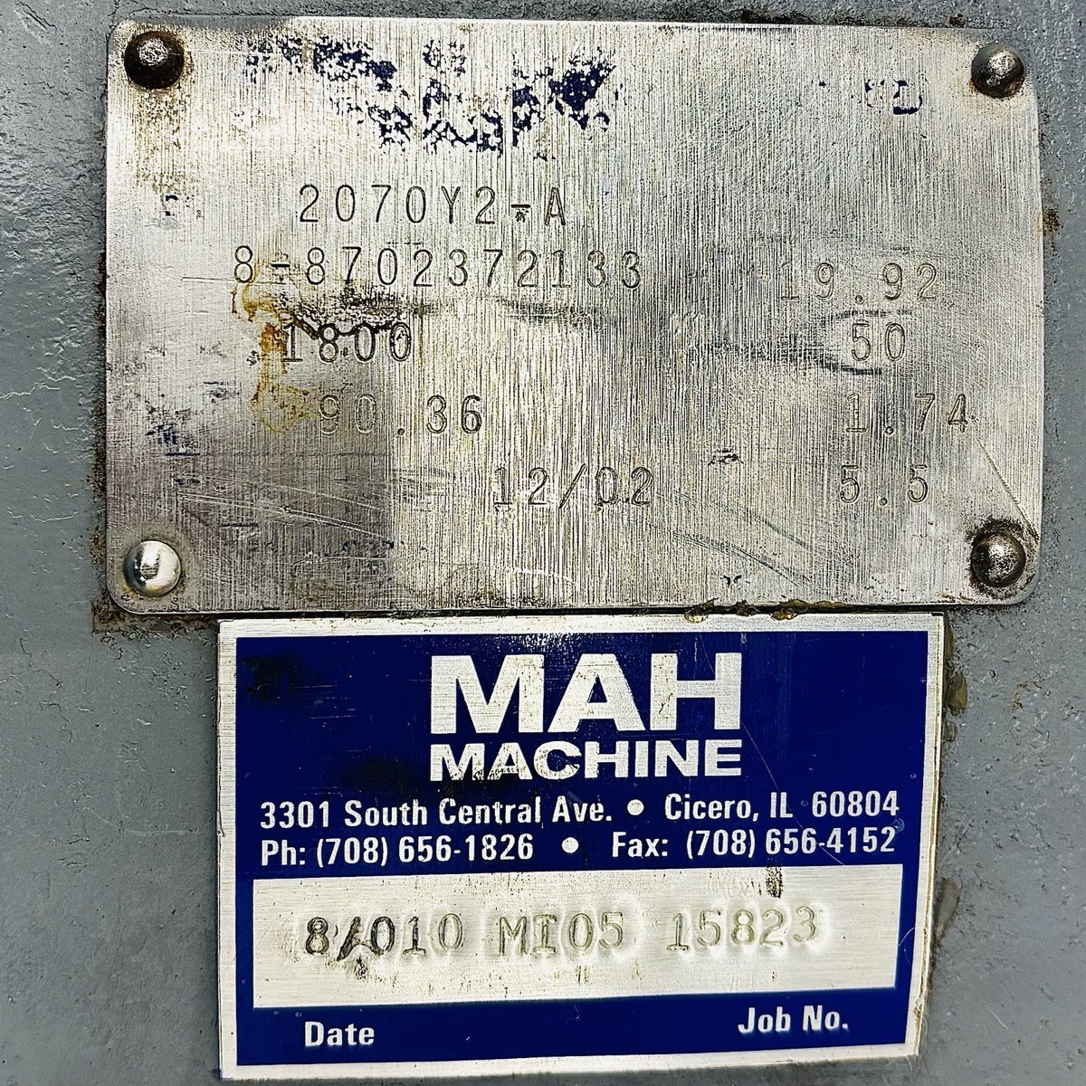 Falk 2070Y2-A Gear Drive equipment nameplate