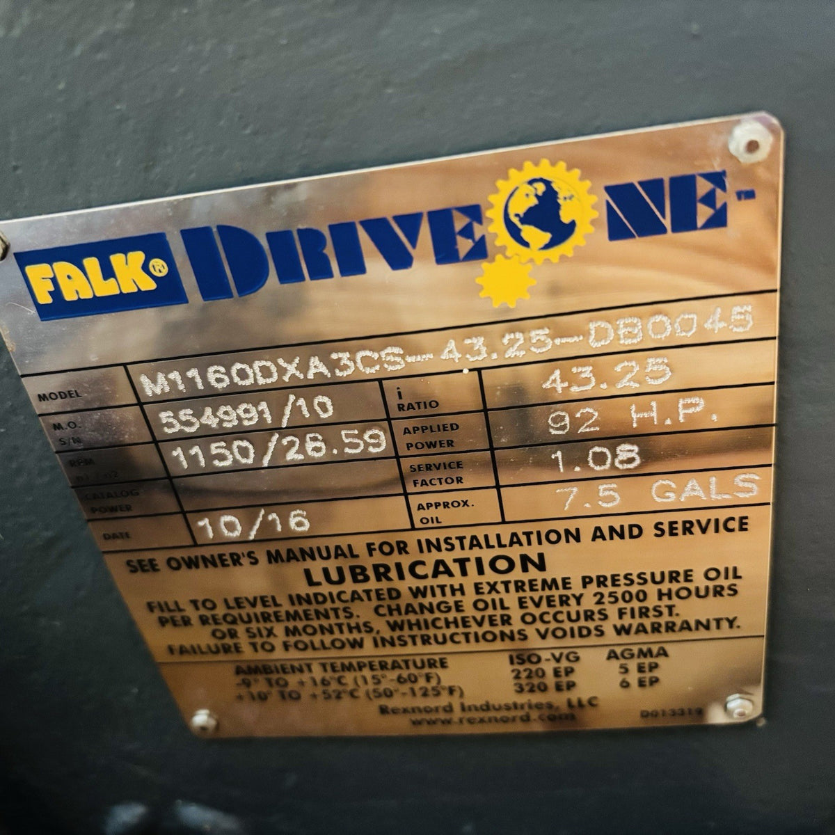 Falk M1160DXA3CS Gear Drive equipment nameplate