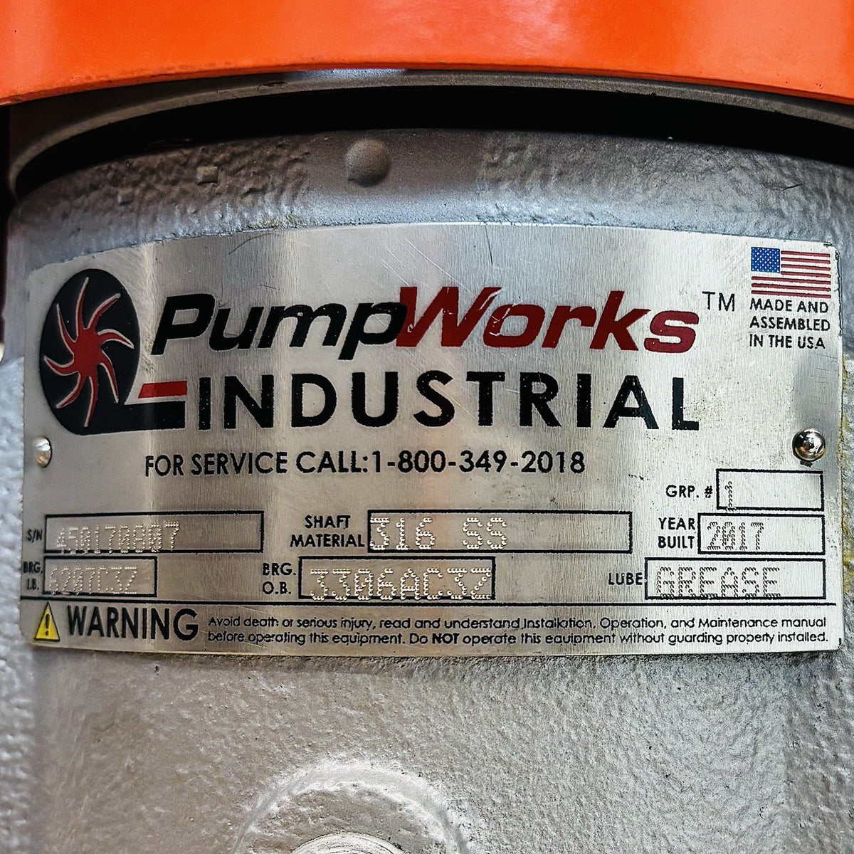 PumpWorks PWA-IL Inline Pump equipment nameplate