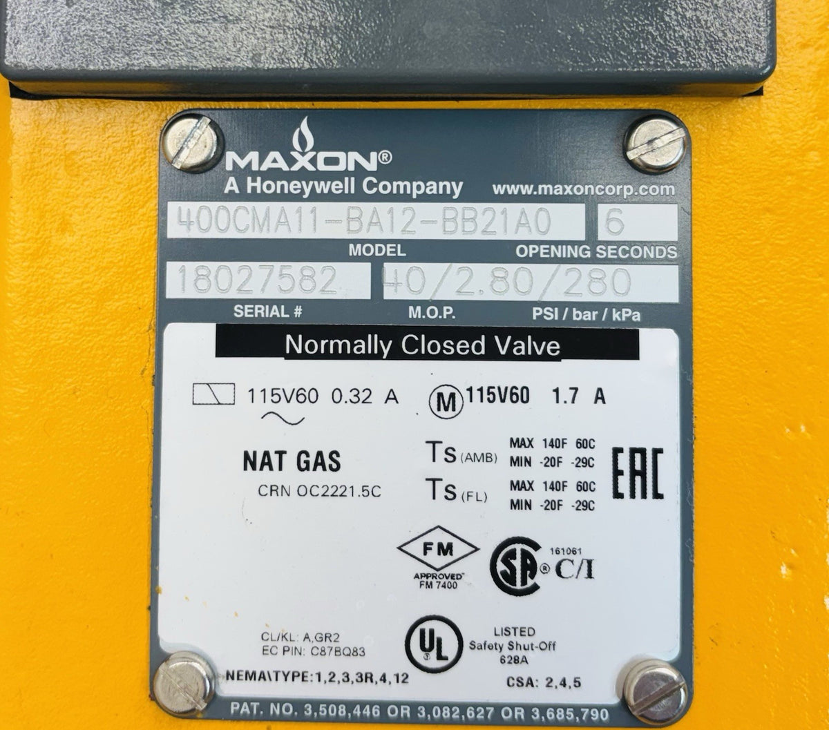 Maxon 400CMA11-BA12-BB21A0 Gas Shutoff Valve equipment nameplate