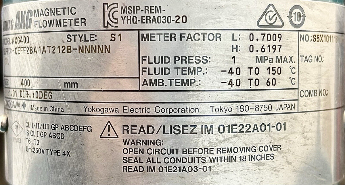 Yokogawa AXG400 ADMAG Magnetic Flowmeter equipment nameplate