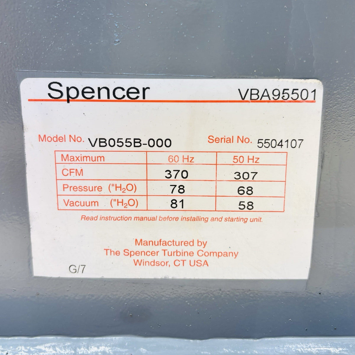 Spencer VB055B-000 nameplate