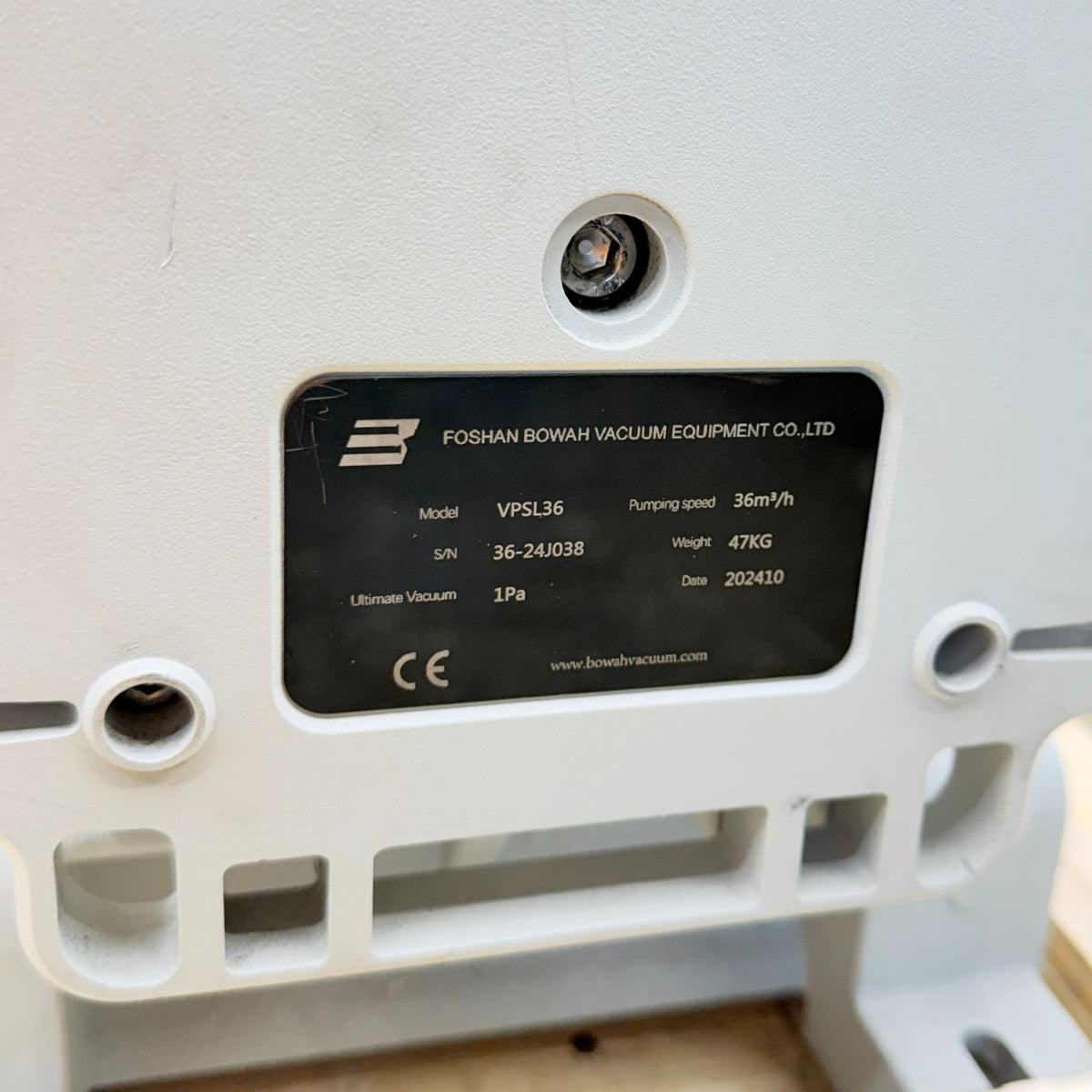 Bowah VPSL36 Vacuum Pump equipment nameplate