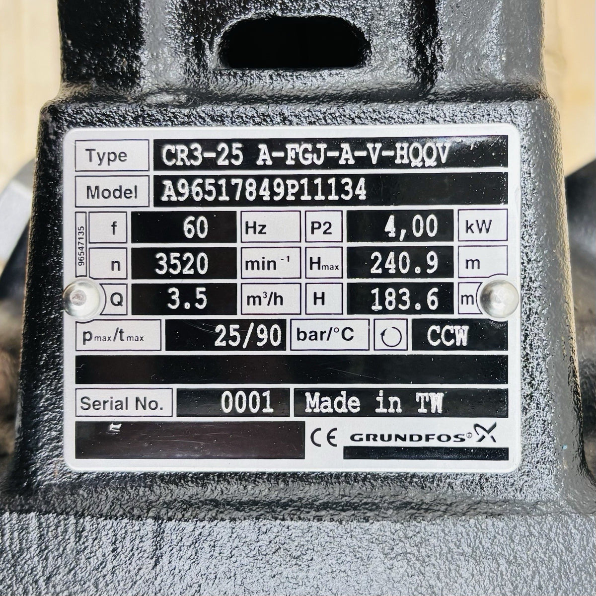 Grundfos CR3-25 A-FGJ-A-V-HQQV nameplate