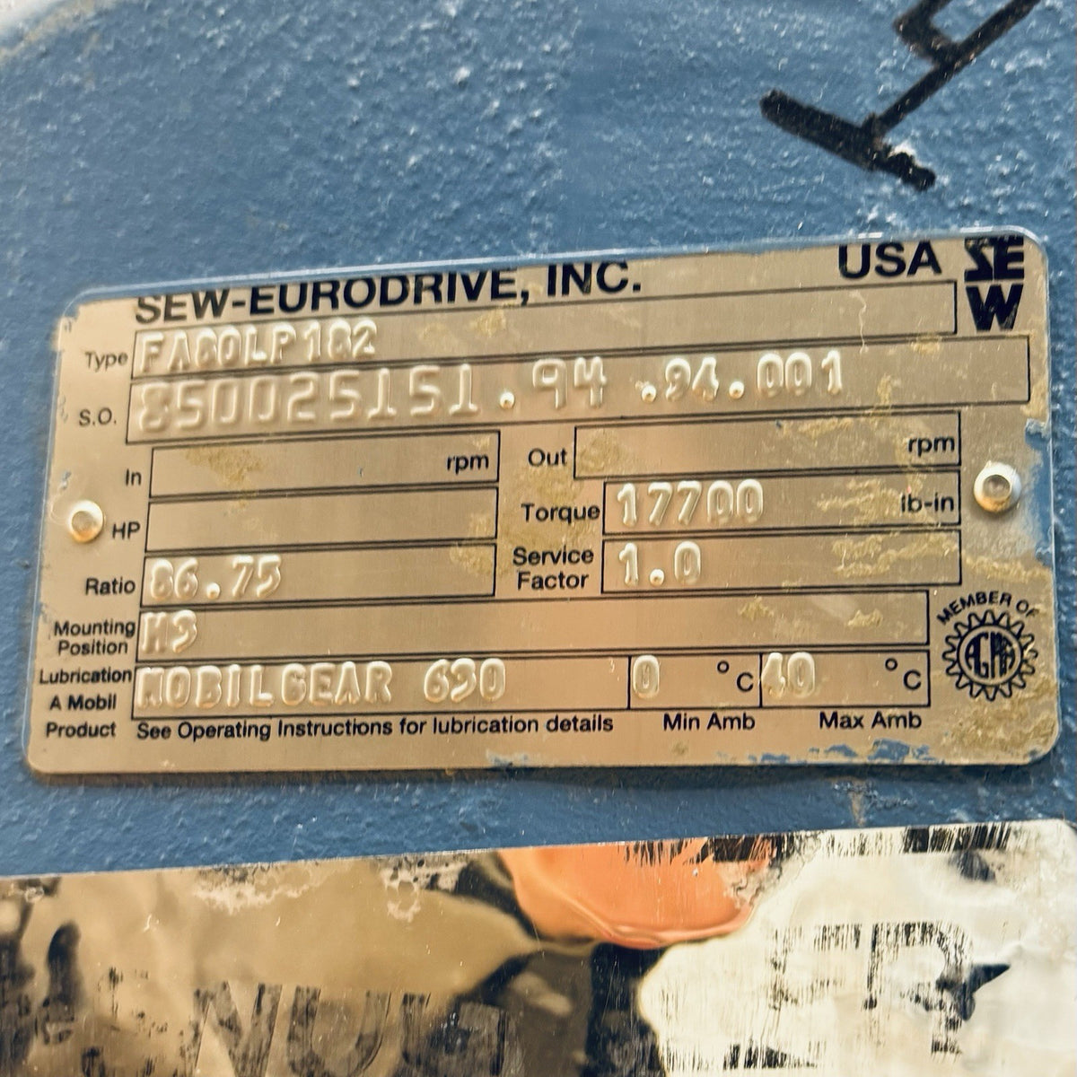 SEW-Eurodrive FA80LP182 nameplate