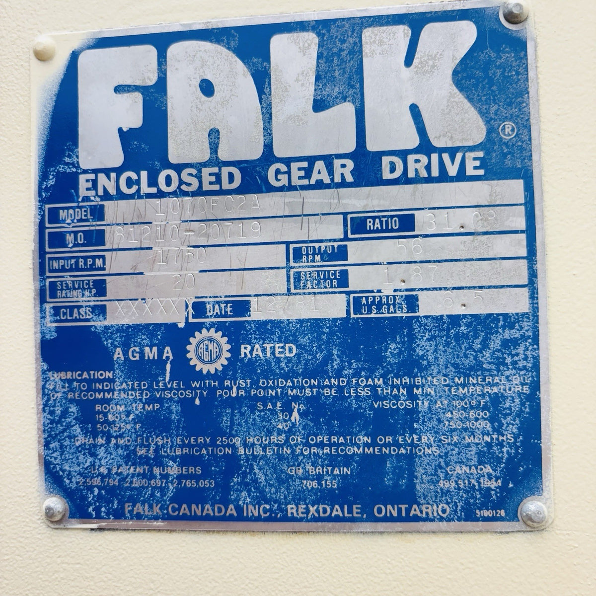 Falk 1070FC2A Gear Drive equipment nameplate