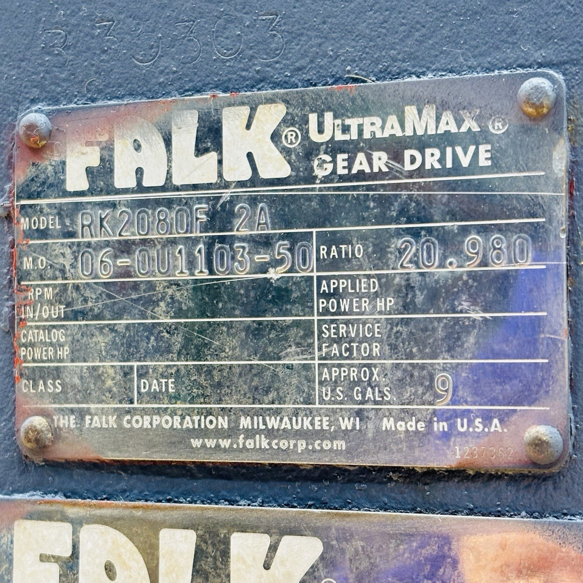 Falk RK2080F2A Gear Drive equipment nameplate