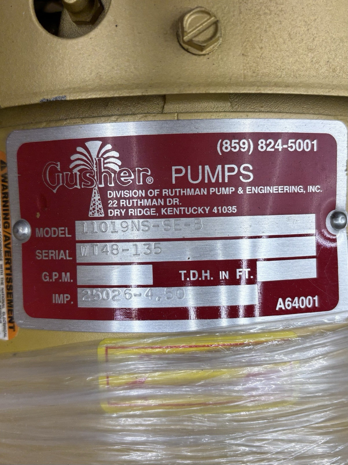 Gusher 11019NS-SE-B Vertical Pump equipment nameplate