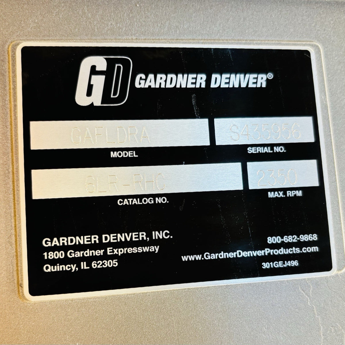 Gardner Denver GAFLDRA nameplate
