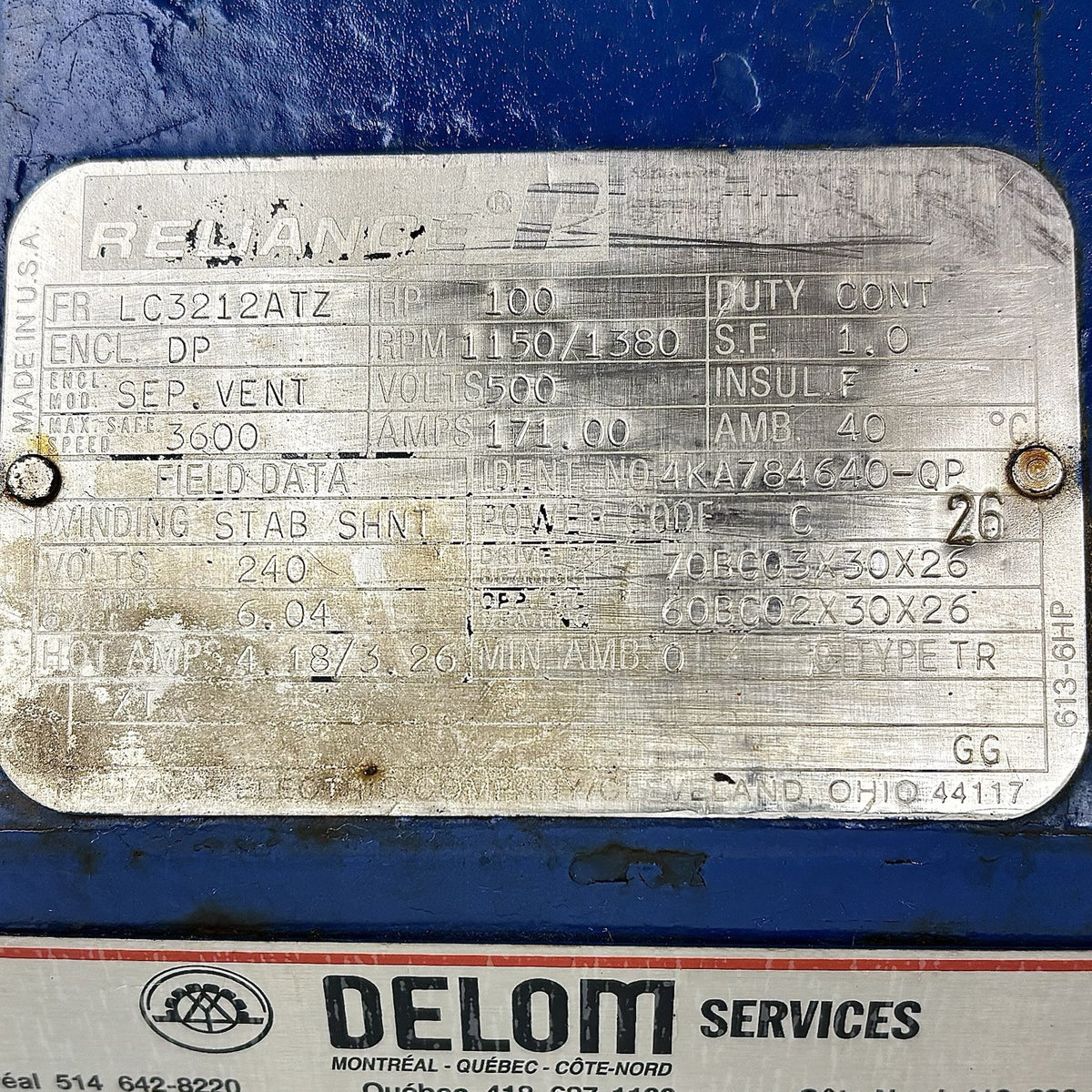 Reliance 4KA784640-QP DC Motor equipment nameplate