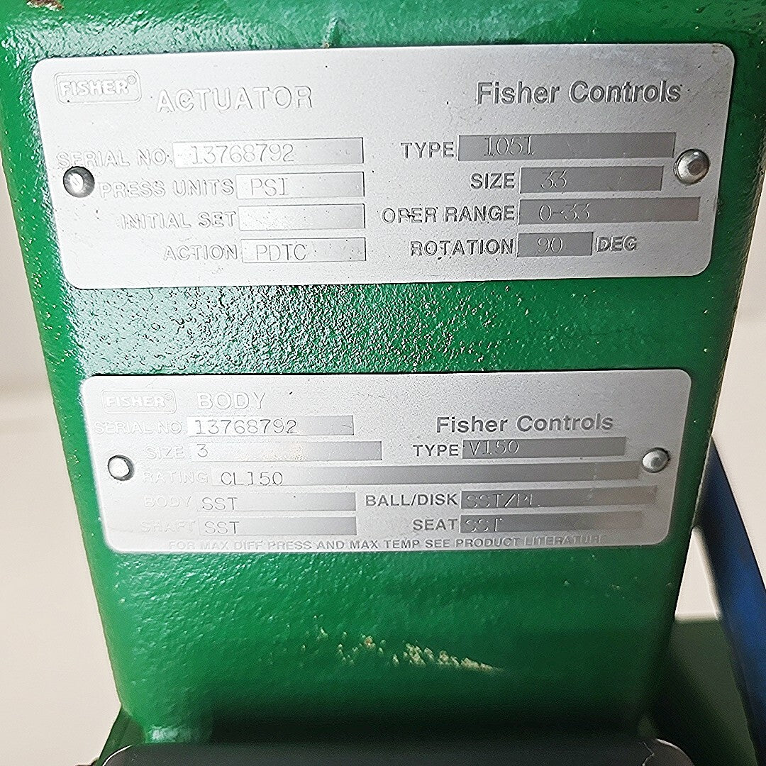 Fisher 3" V150 Control Valve CG8M With 1051 Size 33 Pneumatic Actuator