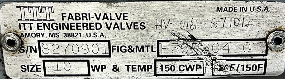 Fabri-Valve F39R304 10 in nameplate
