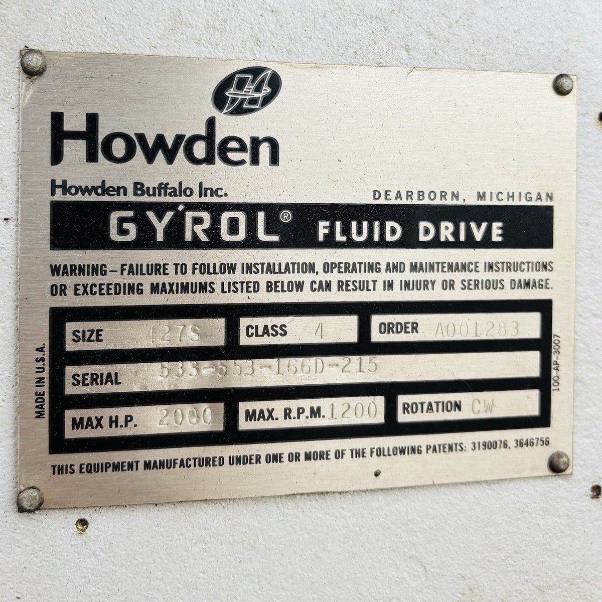 Howden Gyrol 427S nameplate