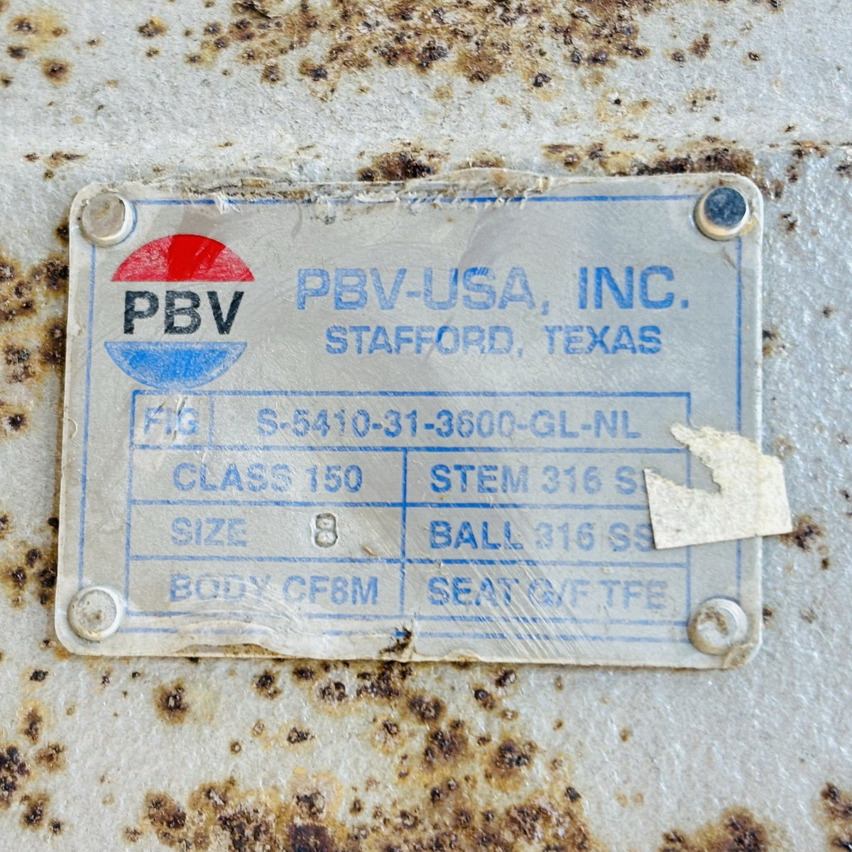 PBV S-5410-31-3600-GL-NL 8 in nameplate