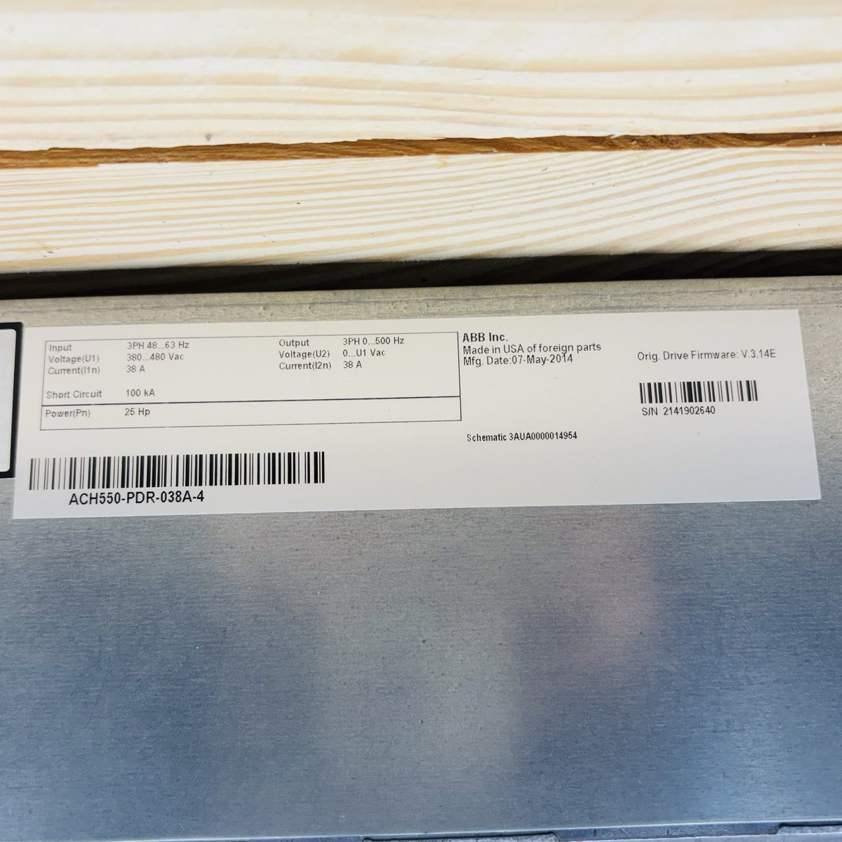 ABB ACH550-PDR-038A-4 AC Drive equipment nameplate