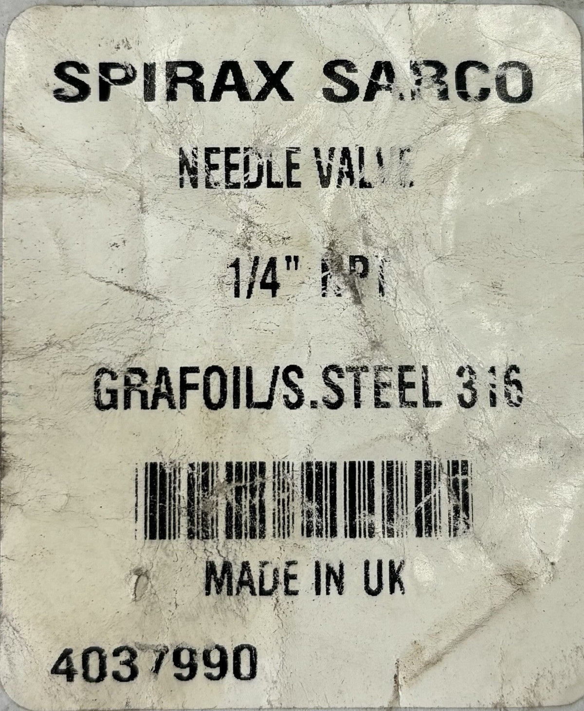 Spirax Sarco 4037990 Needle Valve equipment nameplate