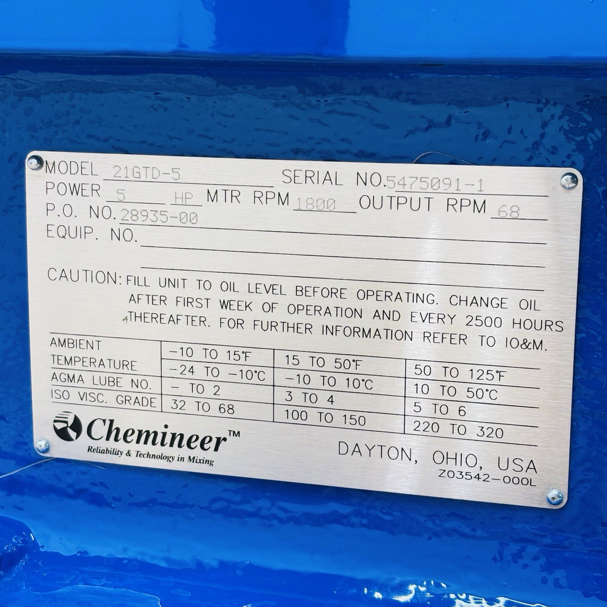 Chemineer 21GTD-5 nameplate