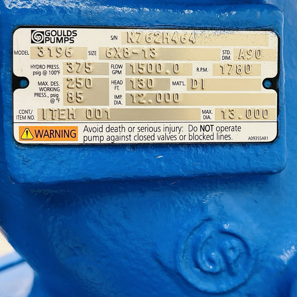 Goulds 3196 Centrifugal Pump equipment nameplate