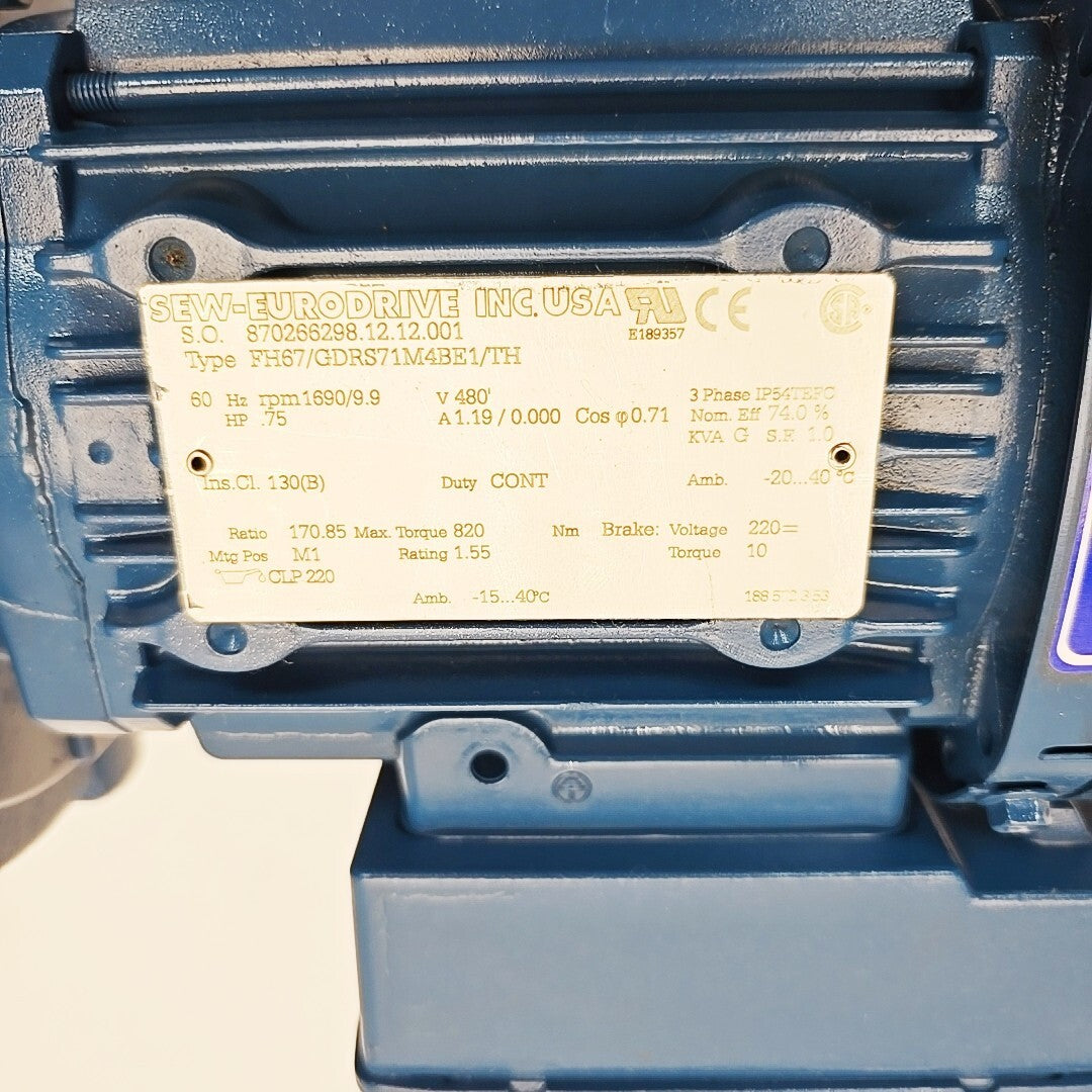 Sew-Eurodrive FH67/GDRS71M4BE1/TH Gear Drive 170.85:1 Ratio .75 HP