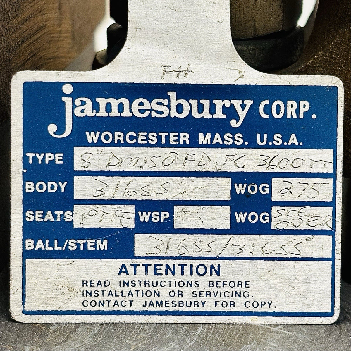 Jamesbury DM150FDFC600TT data tag