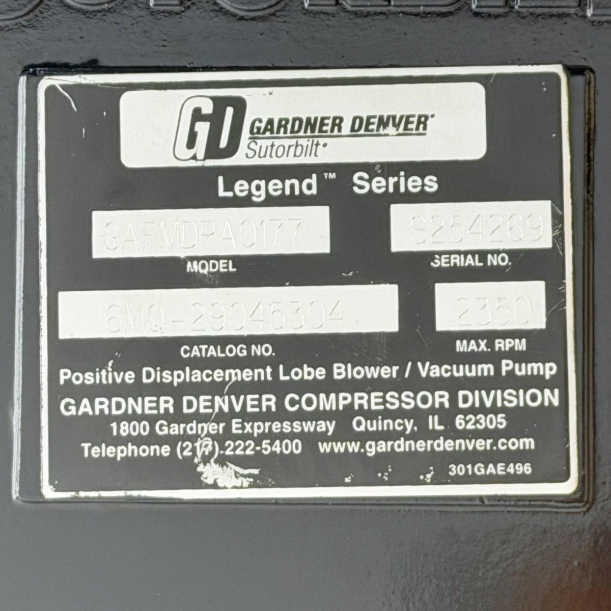 Gardner Denver 6MQ / GAFMDPA0177 nameplate