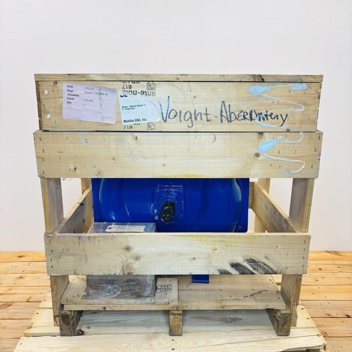 Hoffman Lamson T2B02 2-stage centrifugal blower in shipping crate