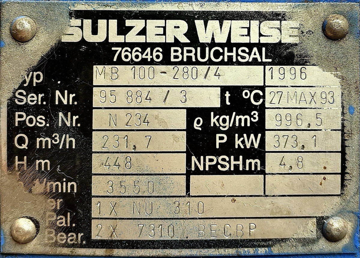Sulzer MB 100-280/4 nameplate
