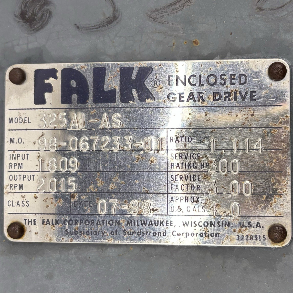 Falk 325A1-AS Gear Drive equipment nameplate