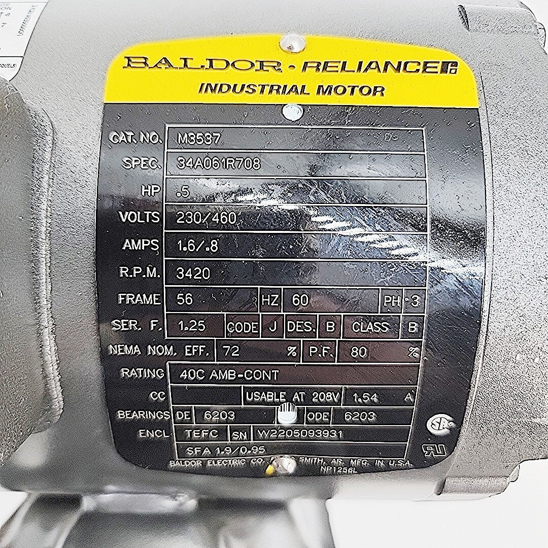 0.5 HP Baldor Reliance M3537 Electric Industrial Motor 3420 RPM