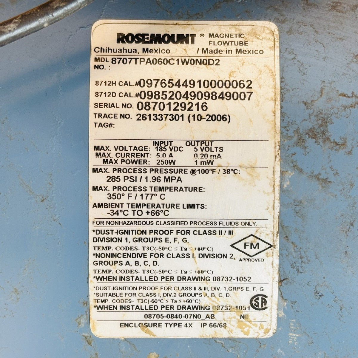 Rosemount 8707TPA060C1W0N0D2 6 in nameplate