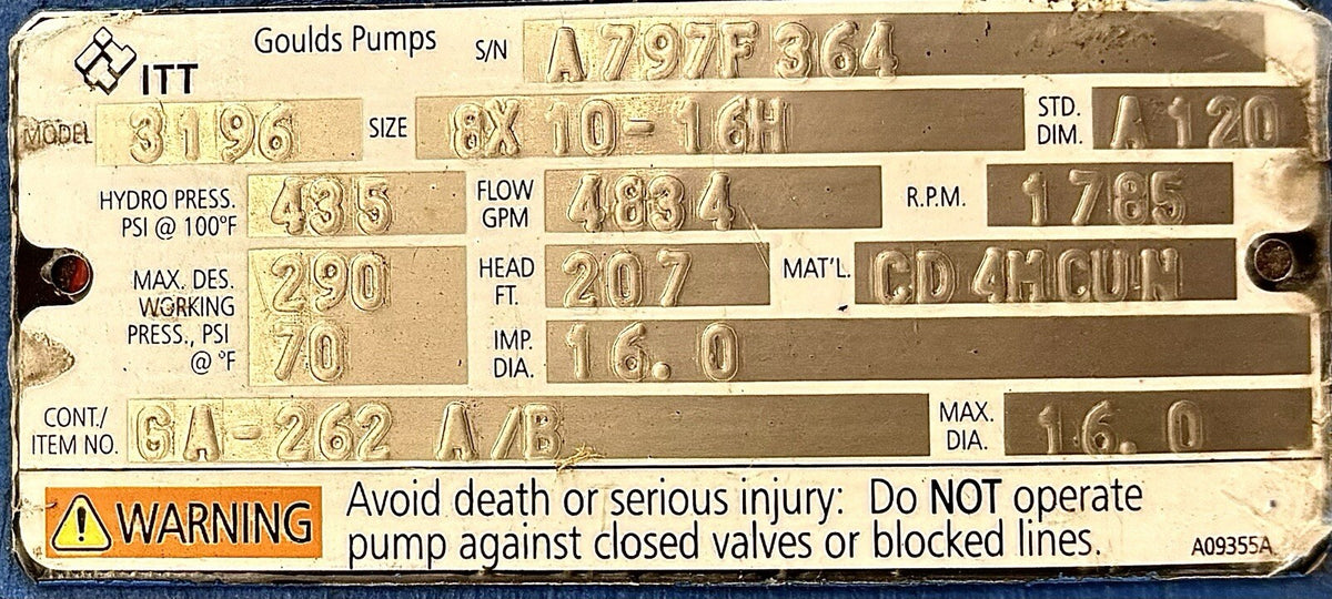Goulds 3196 XLTi 8x10-16H nameplate