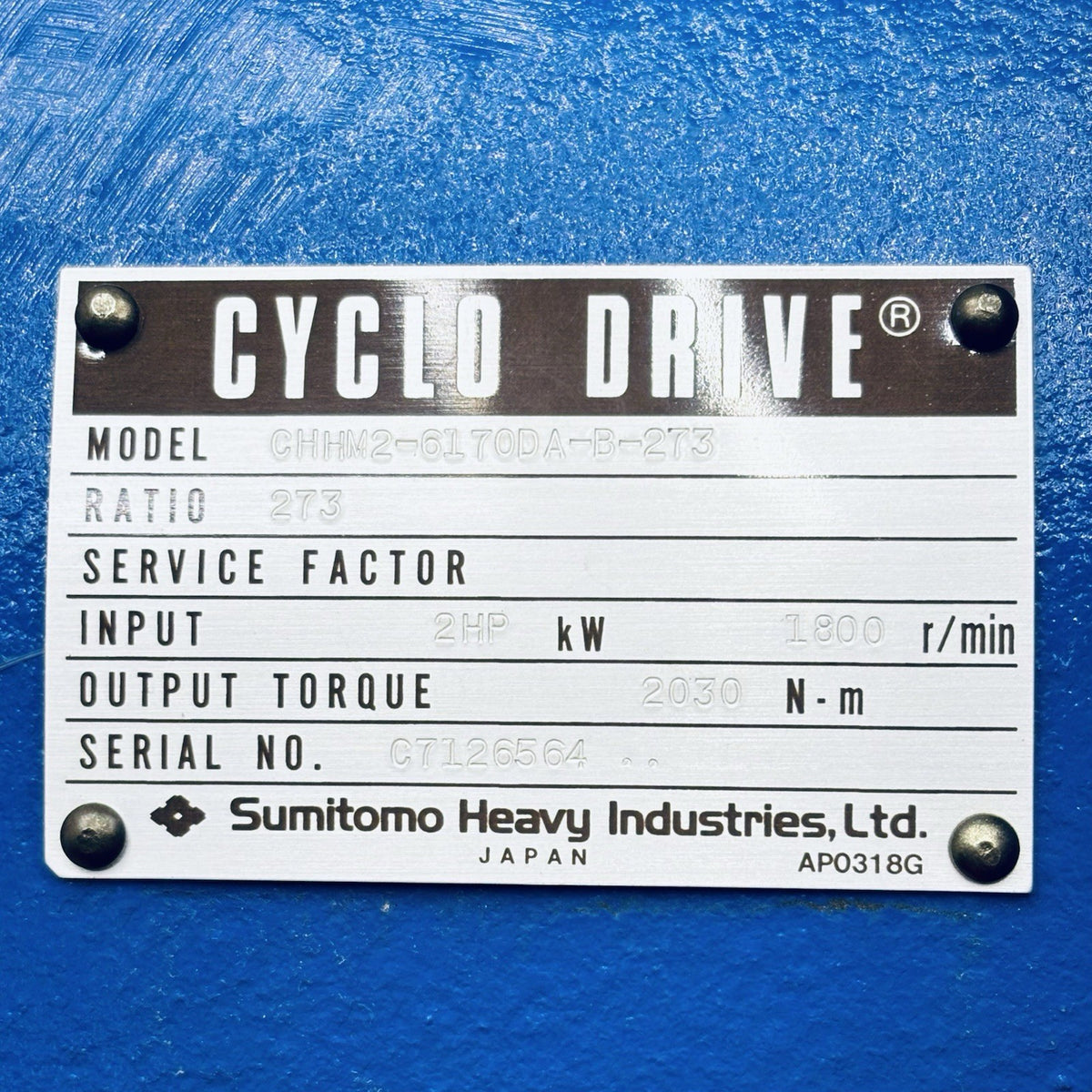 Sumitomo CHHM2-6170DA-B-273 Cyclo Drive Gearmotor equipment nameplate
