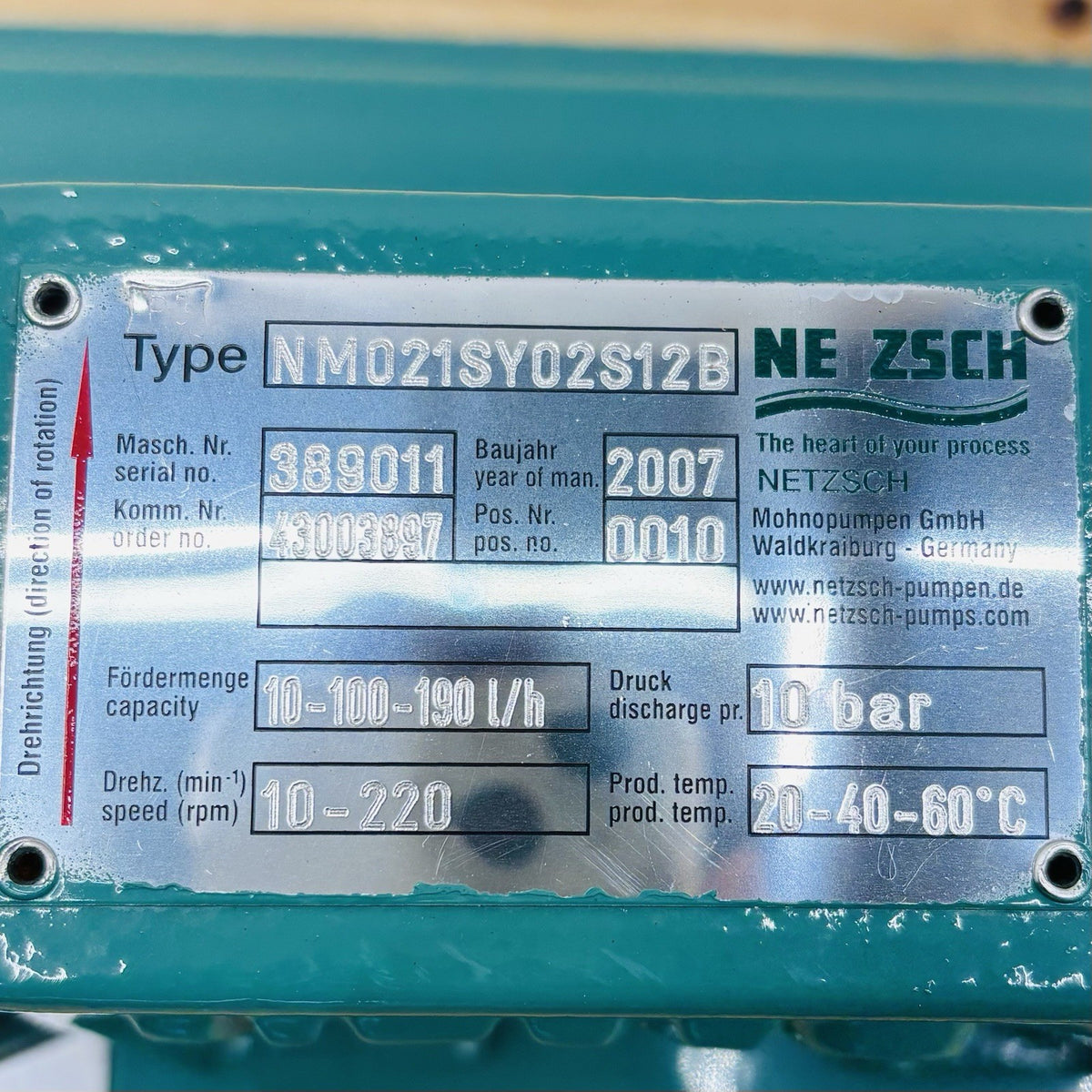 Netzsch NM021SY02S12B Progressive Cavity Pump equipment nameplate