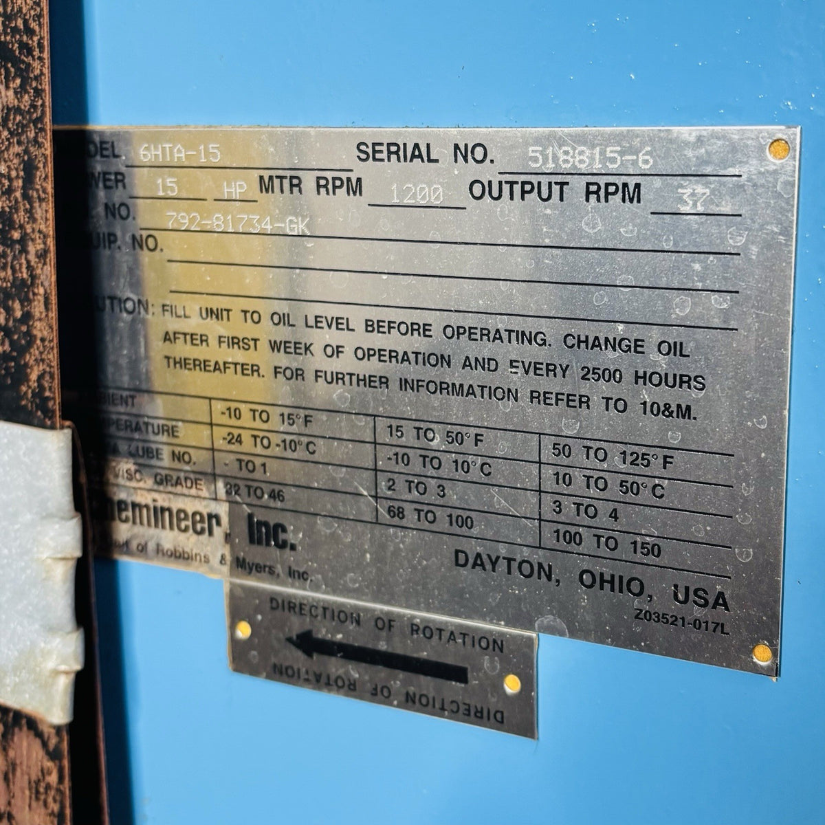 Chemineer 6HTA-15 nameplate