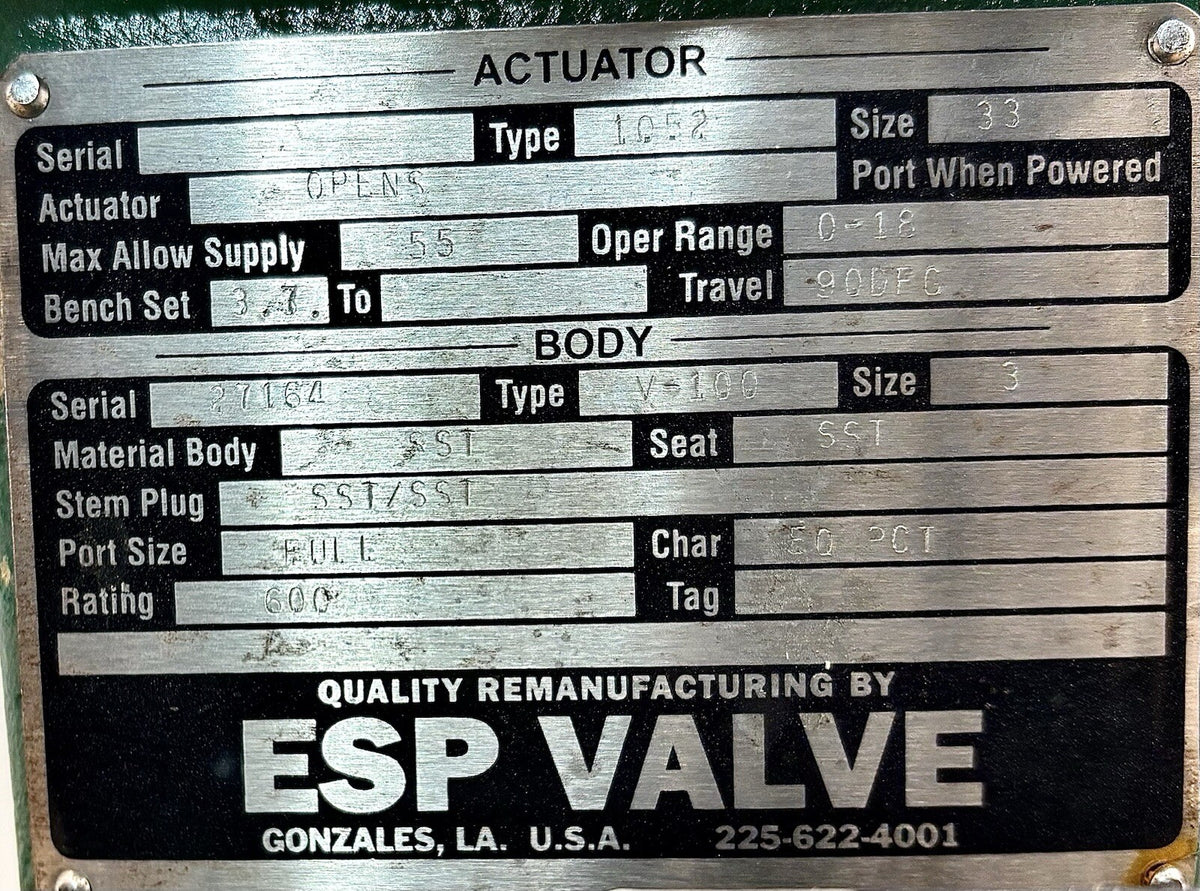 Fisher V100 nameplate