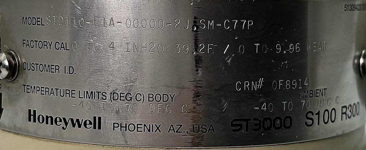 Honeywell STD110-E1A-00000-2J Differential Pressure Transmitter equipment nameplate